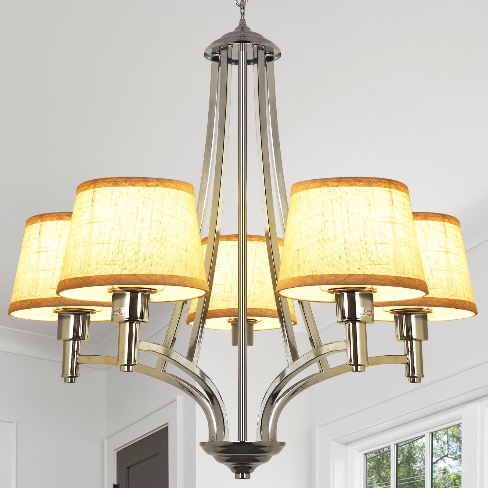 Depuley 5-Light Brushed Nickel Chandelier with Shade, 26" Rustic Industrial Farmhouse Chandelier with Fabric Shade, Adjustable Hanging Lighting Fixtures for Living Room Kitchen(Bulb Not Included)