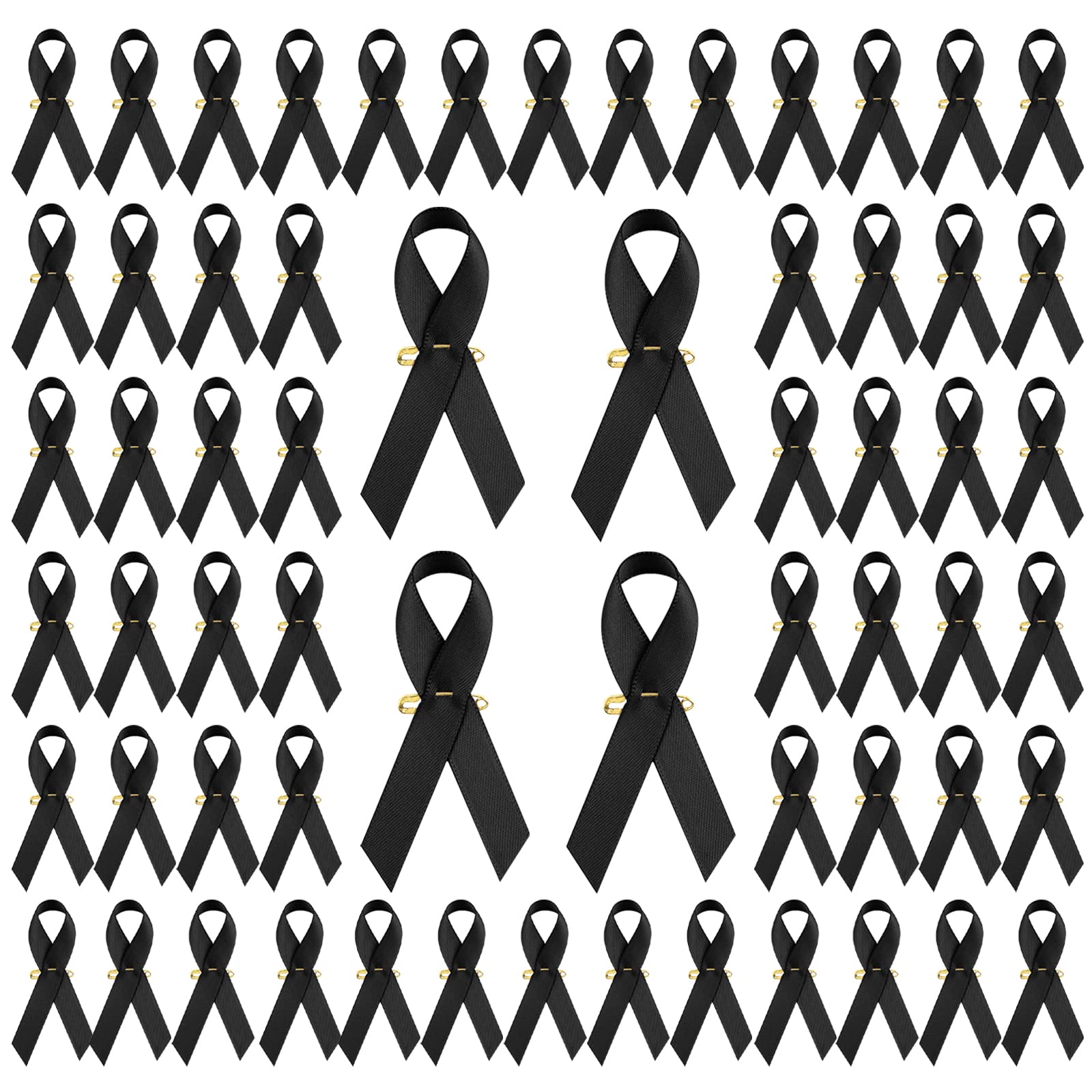 WANDIC 200 Pcs Black Ribbon Satin Pins, Black Brooches with Safety Pins, Classic Melanoma Awareness Pins Premium Ribbon Brooch Badges for Mourning Remembrance Day Gifts