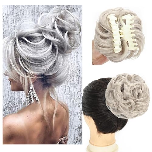 Extensiones de cabello sintético rizado con pinza para cola de caballo, extensiones de cabello despeinado para mujer (gris plateado)