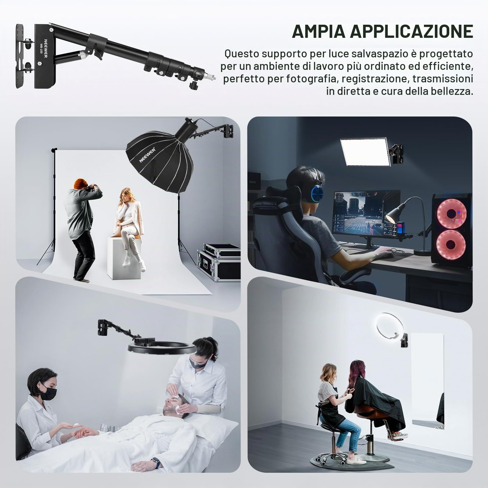 Neewer Braccio A Parete Triangolare Per Softbox E Riflettori – Regolazione 180°, Lunghezza Max 169cm, Base Stabile Con Viti Di Fissaggio