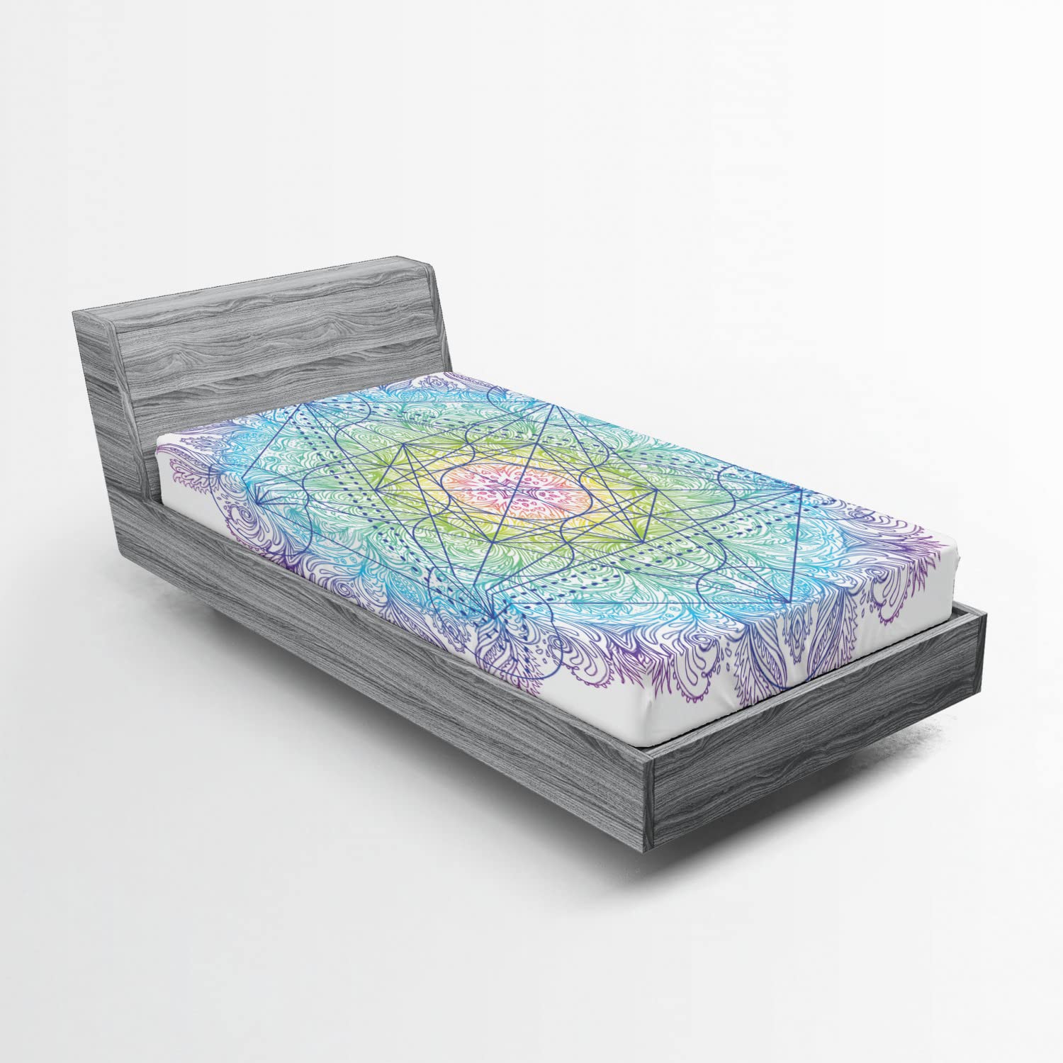 Ambesonne Ethnic 2 Pack Fitted Sheet, Metatron Cube on a Mandala, Bed Cover All-Round Elastic Deep Pockets 2 Pieces, Package Contains 2 Twin XL Size Fitted Sheets, Blue Multicolor