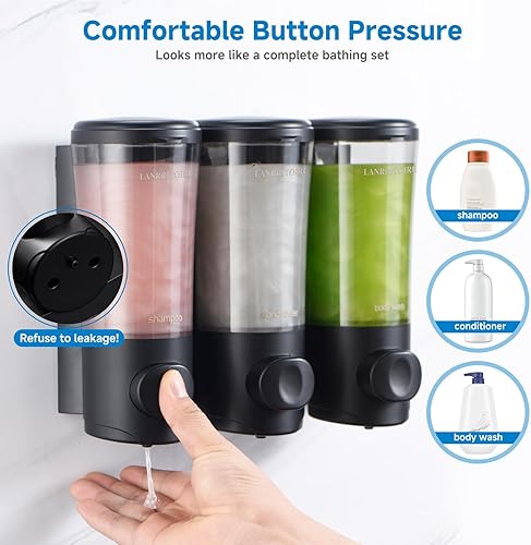 Miniatura 5 de Dispensador de champú y acondicionador, dispensador de ducha de 3 cámaras, sin taladro, dispensador de champú para ducha, montado en la pared,