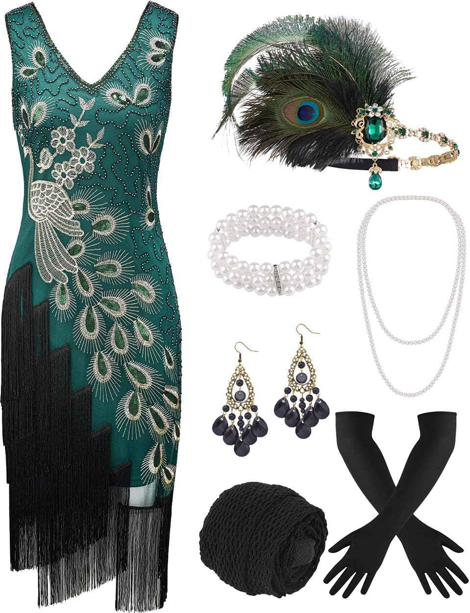 1920s Dress for Women Outfit Vintage Sequins Fringe Embroidery Gatsby Flapper Dresses Set with Accessories