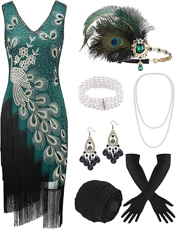 ELFIN jaren 20-jurk, flapperjurk voor dames met franjes en pailletten, 20er-partyjurk met accessoires, 1920er-kostuumjurk met hoofdband, hoofddeksel, lange zwarte handschoenen, ketting, XL, Zwart Goud