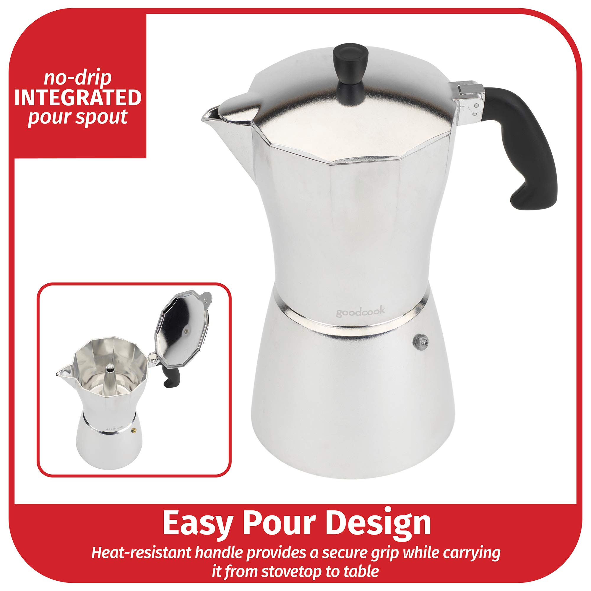 GoodCook Koffe - Cafetera de café espresso de aluminio para estufa de 12 tazas, color plateado