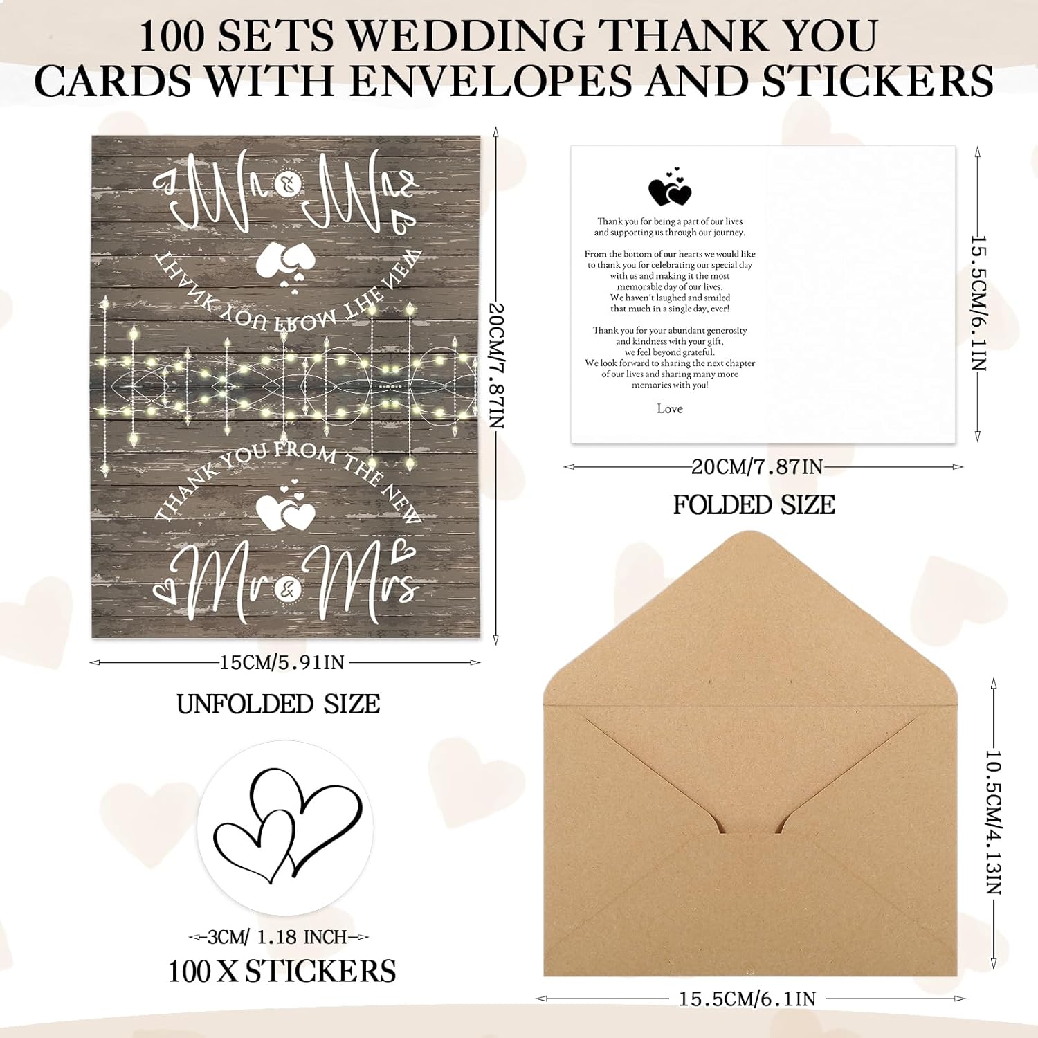 Spakon 100 Sets Wedding Thank You Cards with Envelopes and Stickers Wedding Themed Kraft Paper Thank You Card with Message Mr and Mrs Thank You Notes for Bridal Shower Anniversary Guests (Rustic) - Image 2