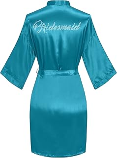 Women's Satin Kimono Robes with Rhinestones Bride Bridesmaid Short Getting Ready Wedding Dressing Gown