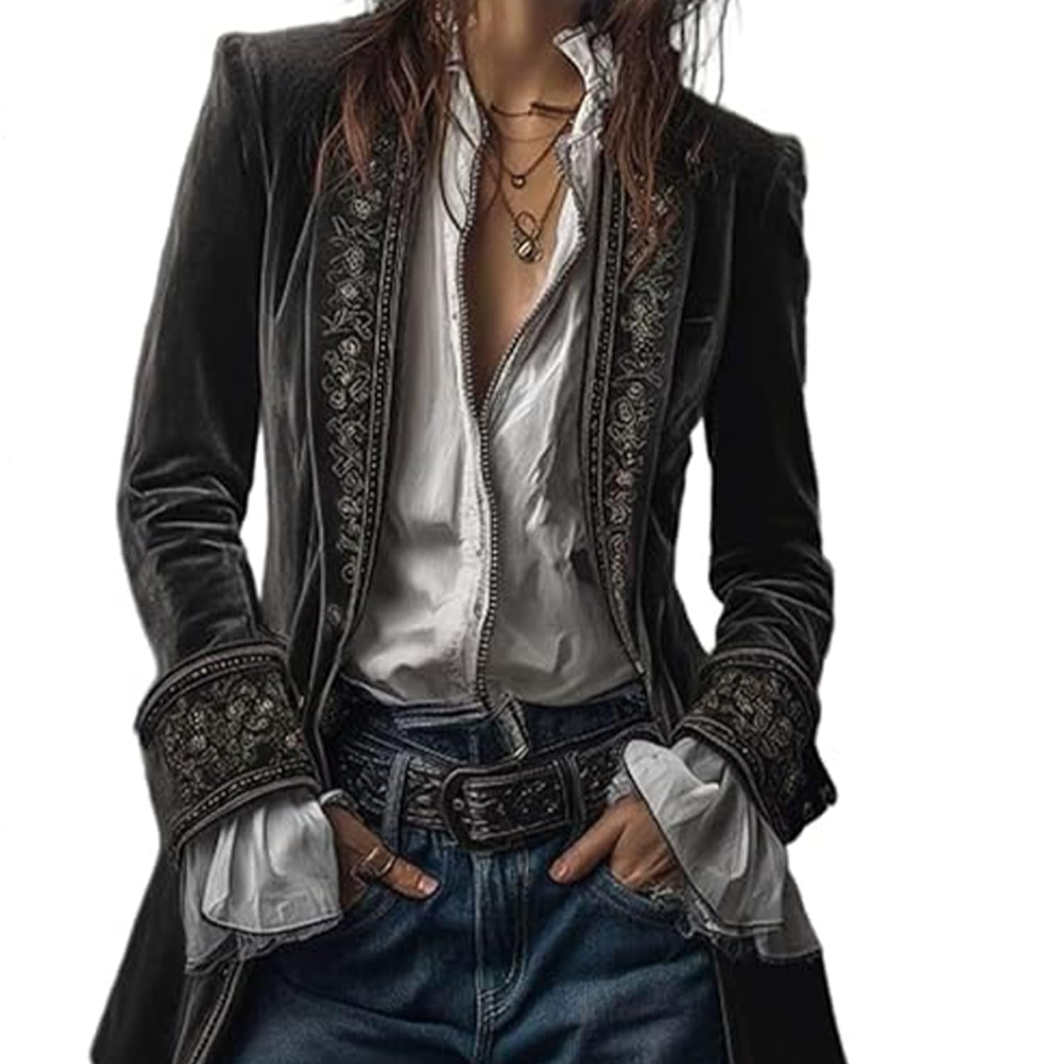 Womens Retro Velvet Open-Front Blazer Long-Sleeved Solid Color Mid-Length Coat with Lace Trim