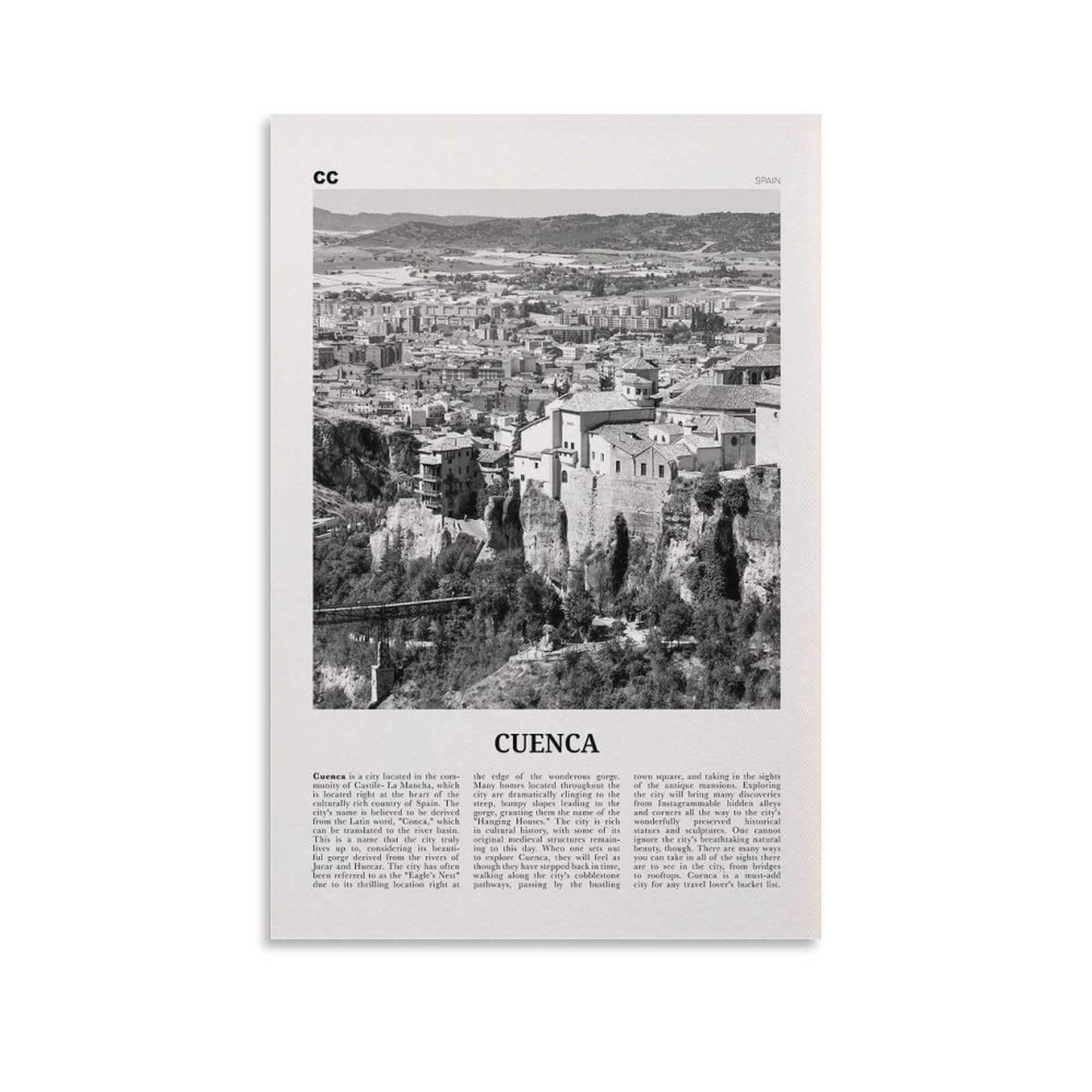 LZTEN Cuenca Stampa in bianco e nero Spagna, Cuenca Wall Art, Cuenca Poster, Cuenca Photo, Cuenca Wall Décor, Spagna, Castilla-La Mancha, España Canvas Wall Art