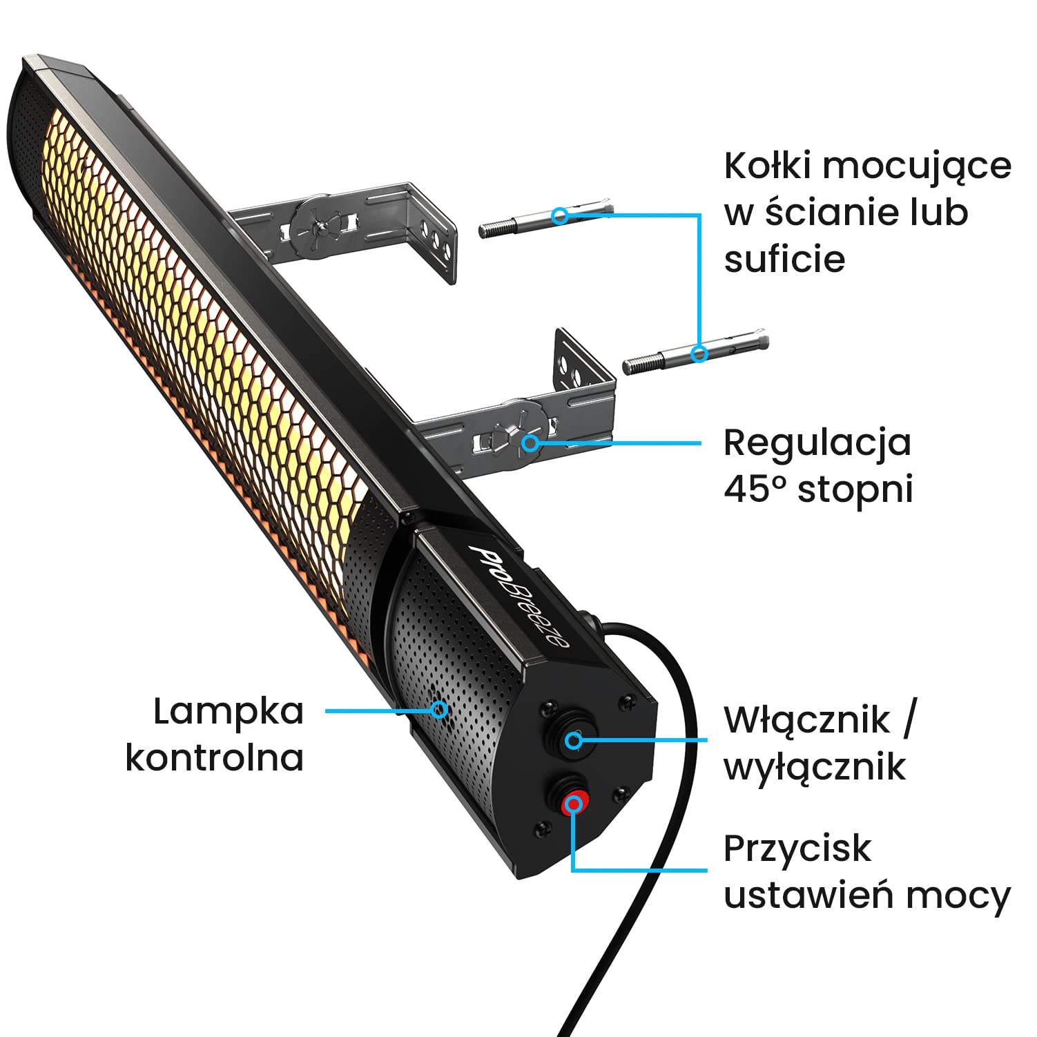 ProBreeze Grzejnik na Podczerwień Promiennik Ciepła, Pionowy z Pilotem Zdalnego Sterowania, Elektryczny na Taras Balkon Kemping, Naścienny Kolumnowy, Wodoodporny, 1000W 2000W