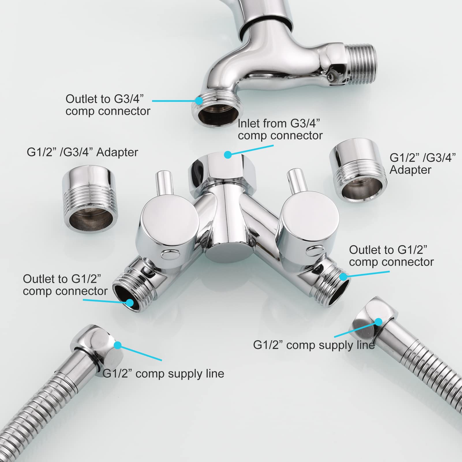 Tecmolog Distributore a 4 Vie in Ottone Connettore a Y Sdoppiatore Rubinetto per Tubo da Giardino Cromato, DSF015A