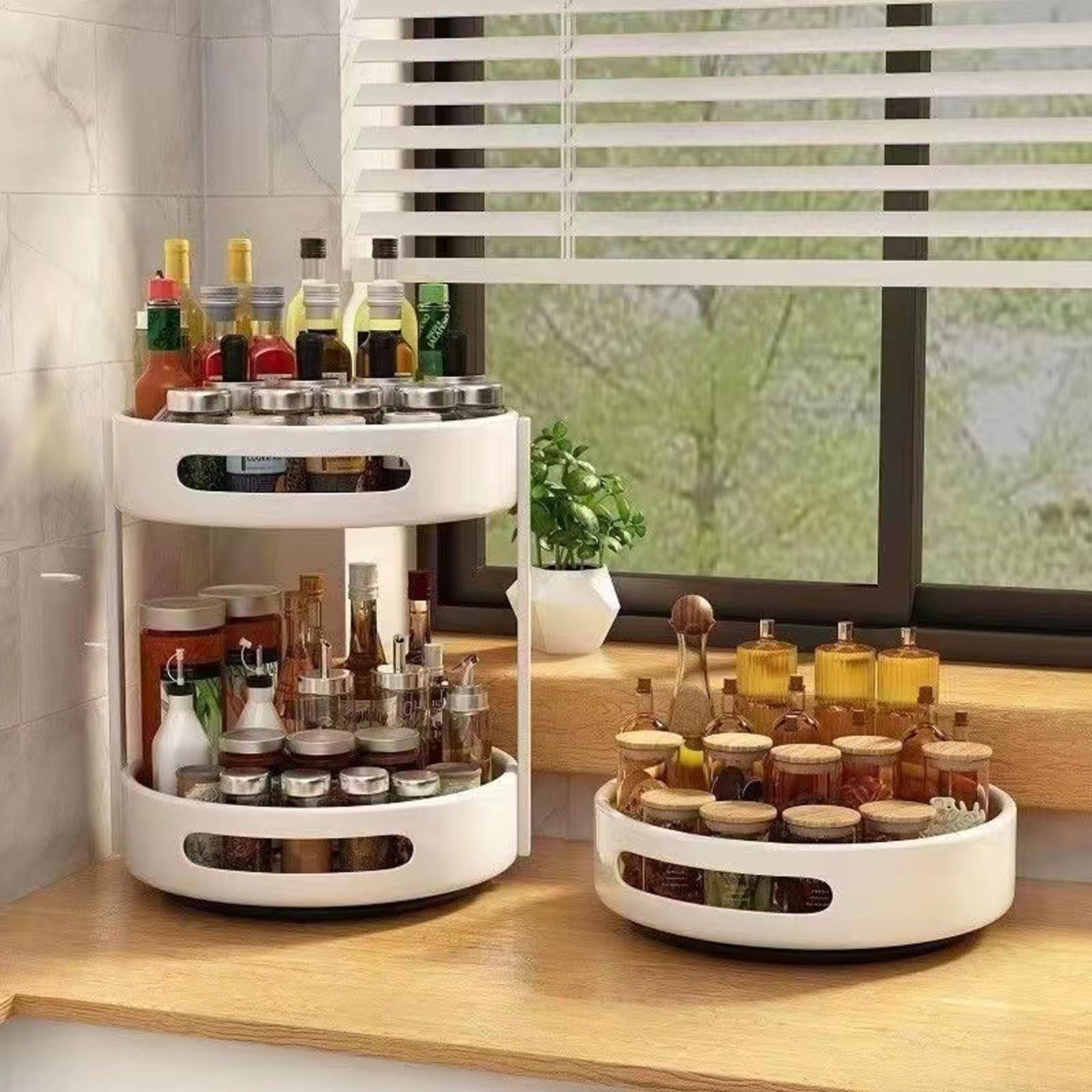 Lazy Susan Plateau tournant à 2 niveaux rotatif à 360° pour comptoir de cuisine et garde-manger – Blanc Parfait pour un accès facile et des espaces sans encombrement