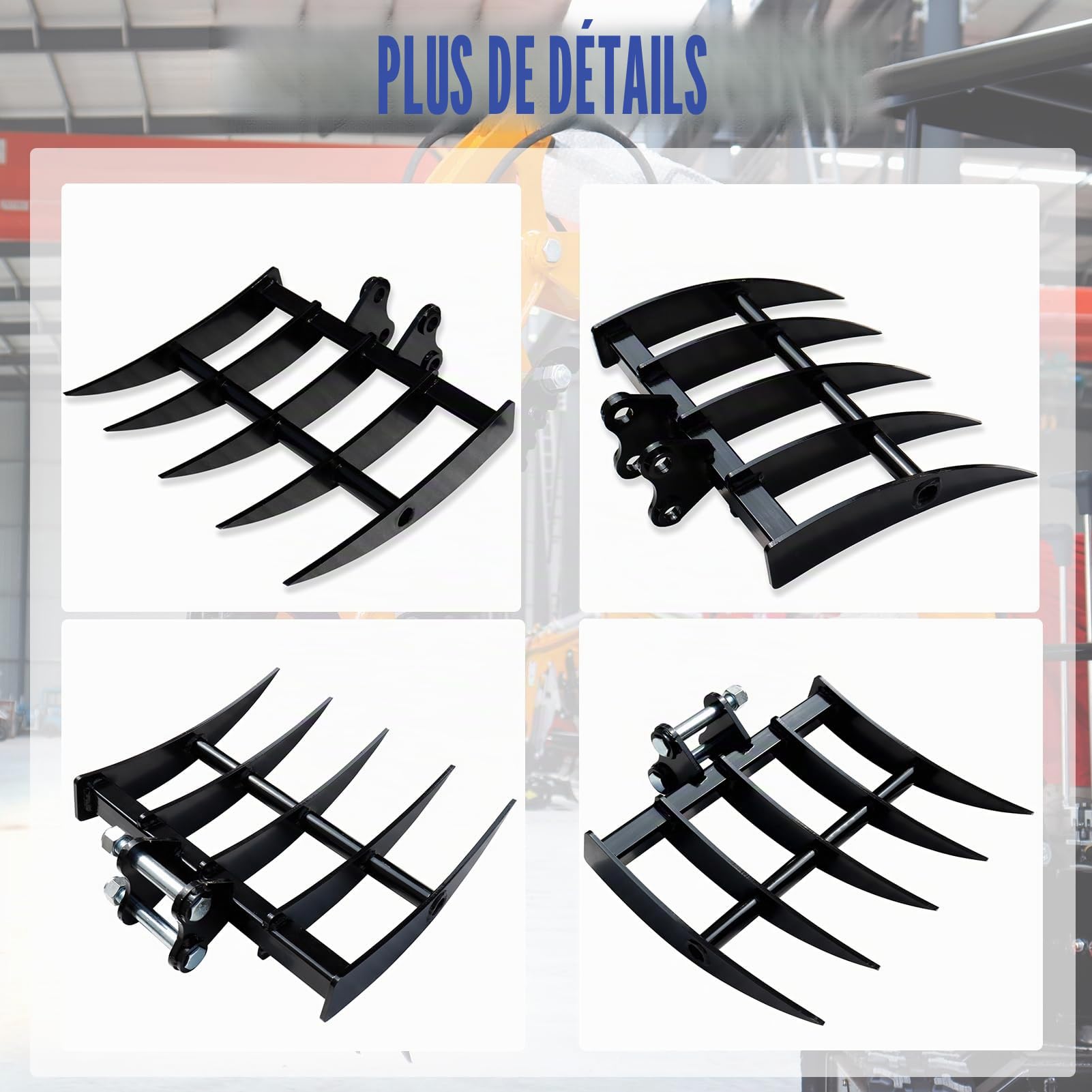 Râteau 5 Dents pour Mini-Pelle 0,8–1,8 t, 2 Axes Ø25 mm | Acier manganèse anti-usure, fixation 90 mm, entraxe 88 mm, montage sans outil spécial, pour branches gravats gravier