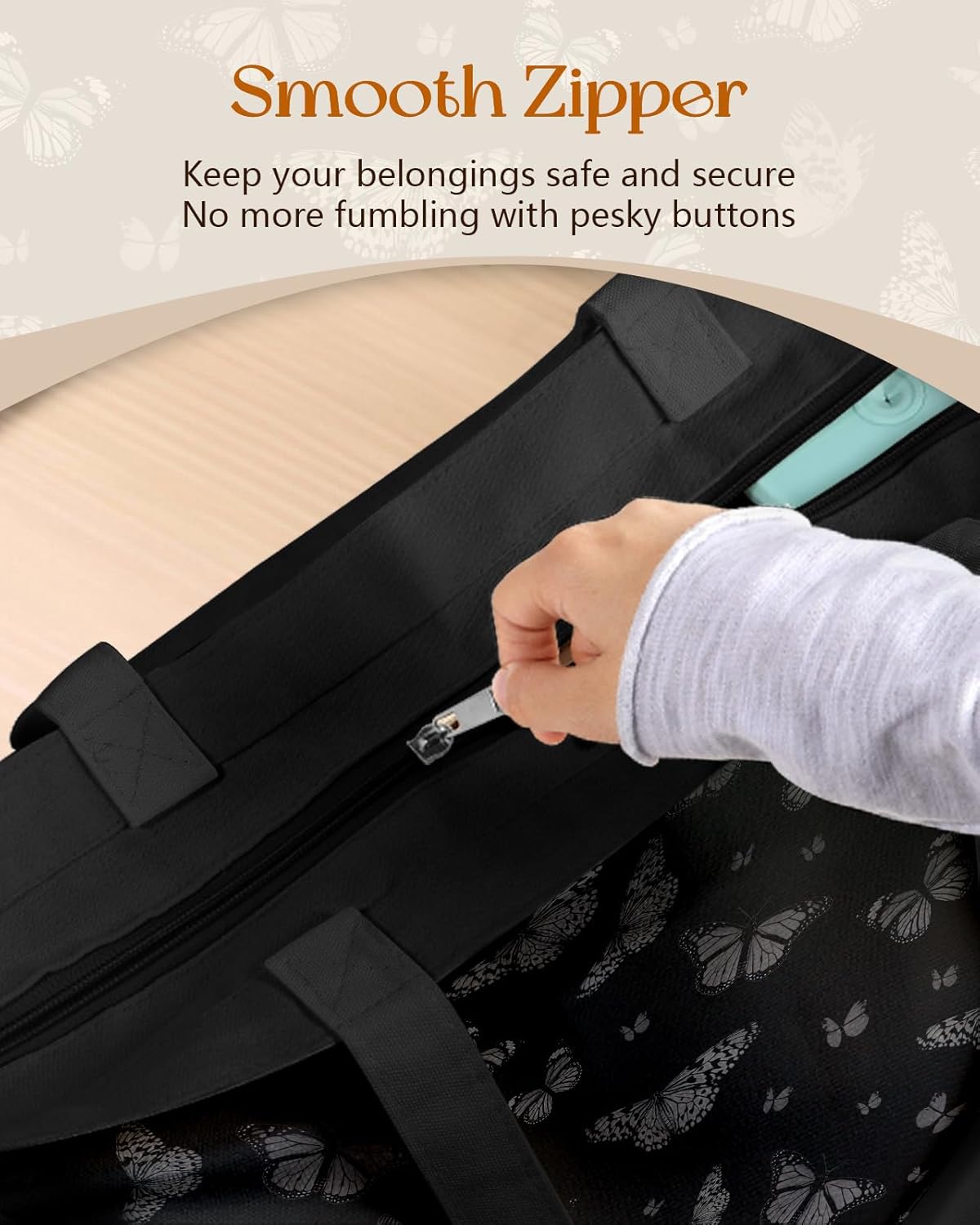 Canvas Tote Bag for Women – Aesthetic Canvas Bag with Zipper Cute Stylish Reusable Shoulder Totes for Shopping Work Daily Vacation, Black Butterfly - Image 4