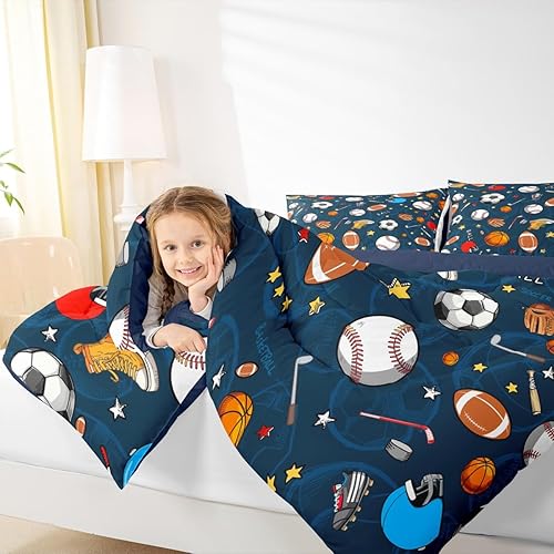 Miniatura 7 de Feelyou Juego de edredón con temática deportiva, juego de ropa de cama de pelota azul 3D, juego de ropa de cama de béisbol, fútbol, baloncesto, para
