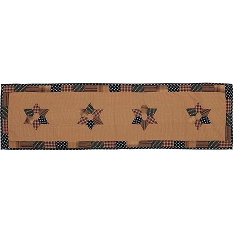 VHC Brands 53813 Primitive Tabletop Kitchen Patriotic Patch Cotton Patchwork Star Rectangle 13x48 Runner, Deep Red