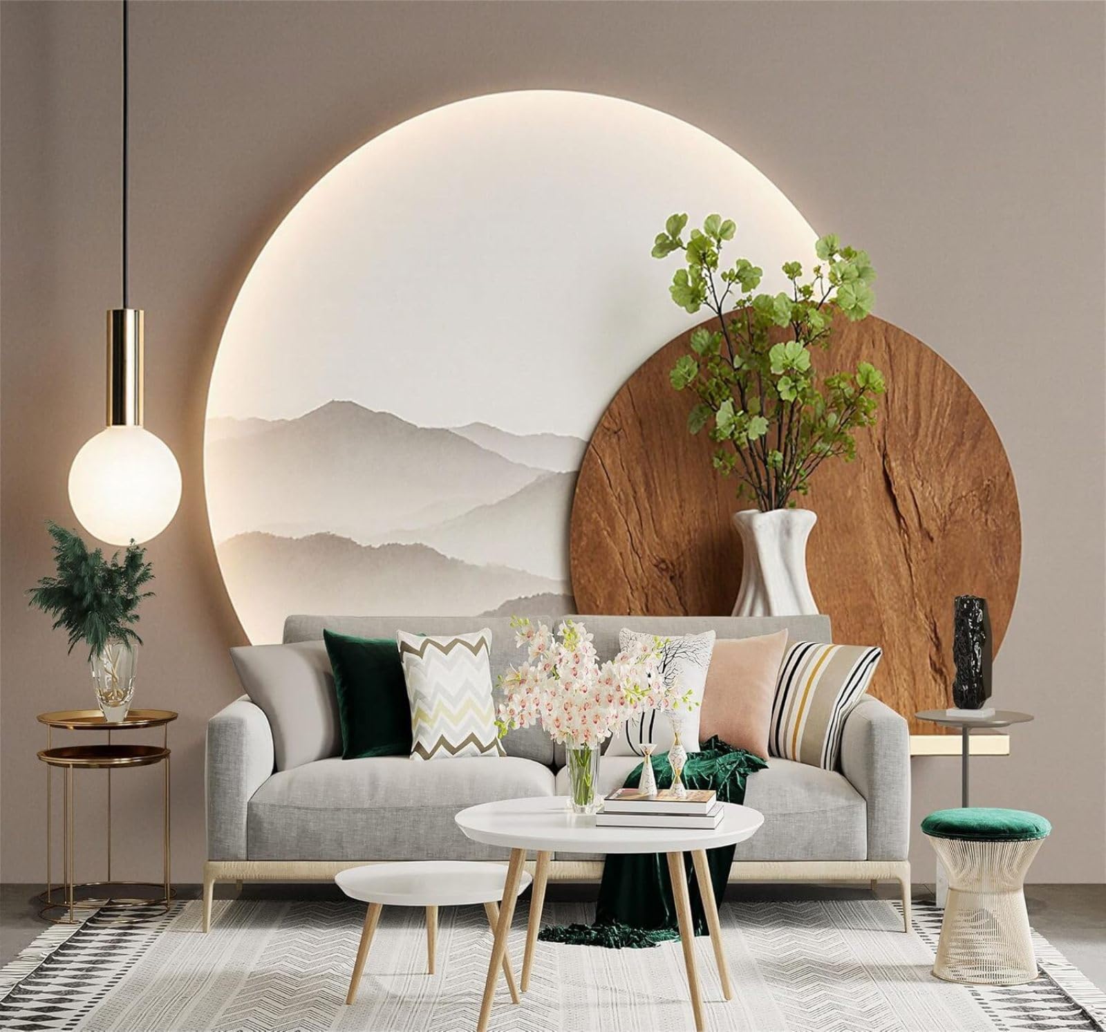 XLMING Minimalist Mountain Scenery Wood Grain Vase Green Flowers 3D Wallpaper Silky Texture Home Study Office Grey Dining Room Sofa Bedroom Living Room TV Backdrop-400cm×280cm
