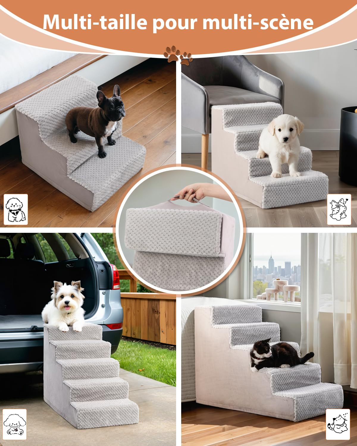KSIIA Escalier pour Chien Escalier pour Animaux, 4 Marches Amovible et Lavable Escaliers pour Chiens Escalier pour Chat Convient aux Chiens à Pattes Courtes, Chiens âgés, Gris