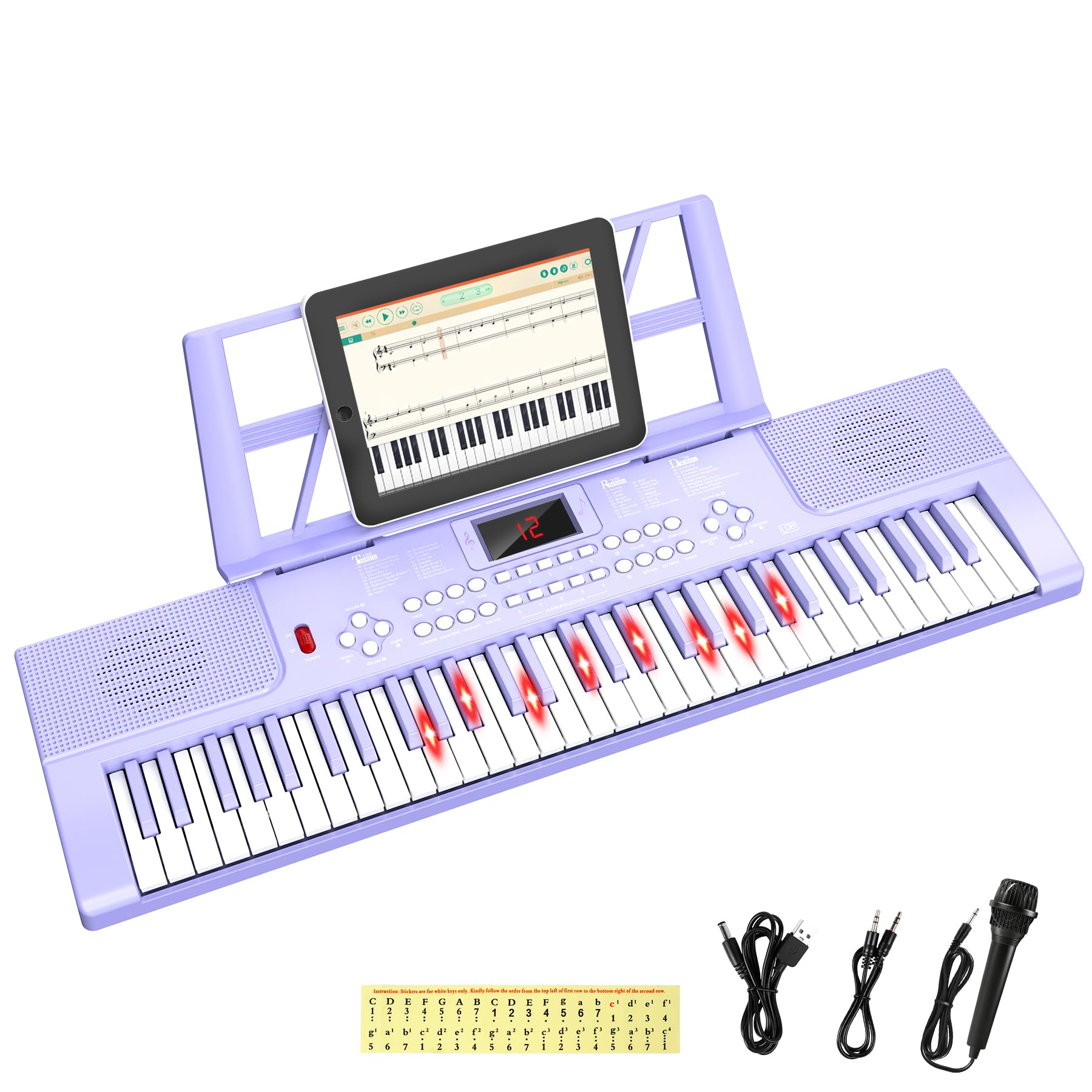 Piano digital electrónico para niños con teclas iluminadas, portátil, de 61 teclas, juguete musical educativo para principiantes con atril y micrófono. (Púrpura)