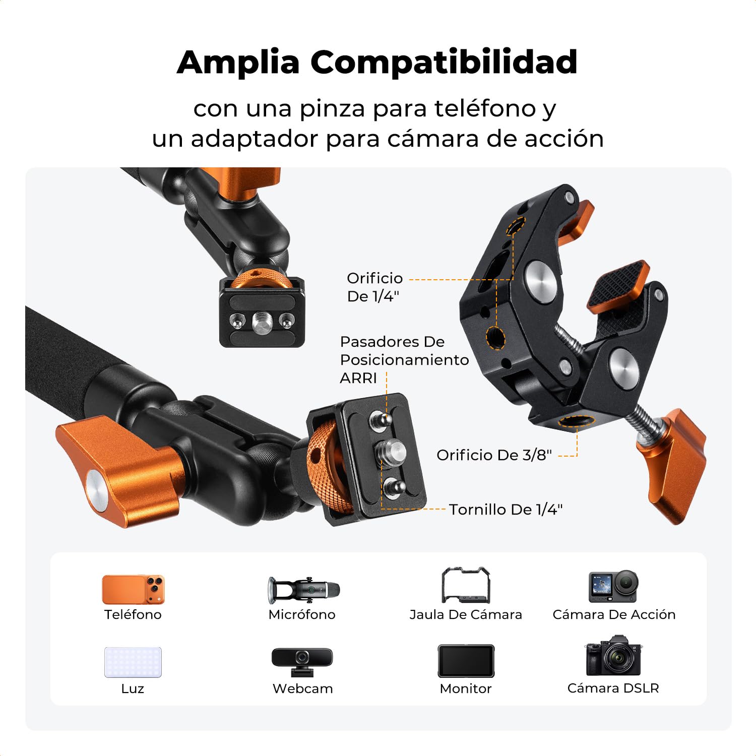 K&F CONCEPT Kit de Brazo Mágico 22" con Pinza, Soporte de Cámara Articulado para Teléfono, Cámara de Acción, Luz LED, Micrófono
