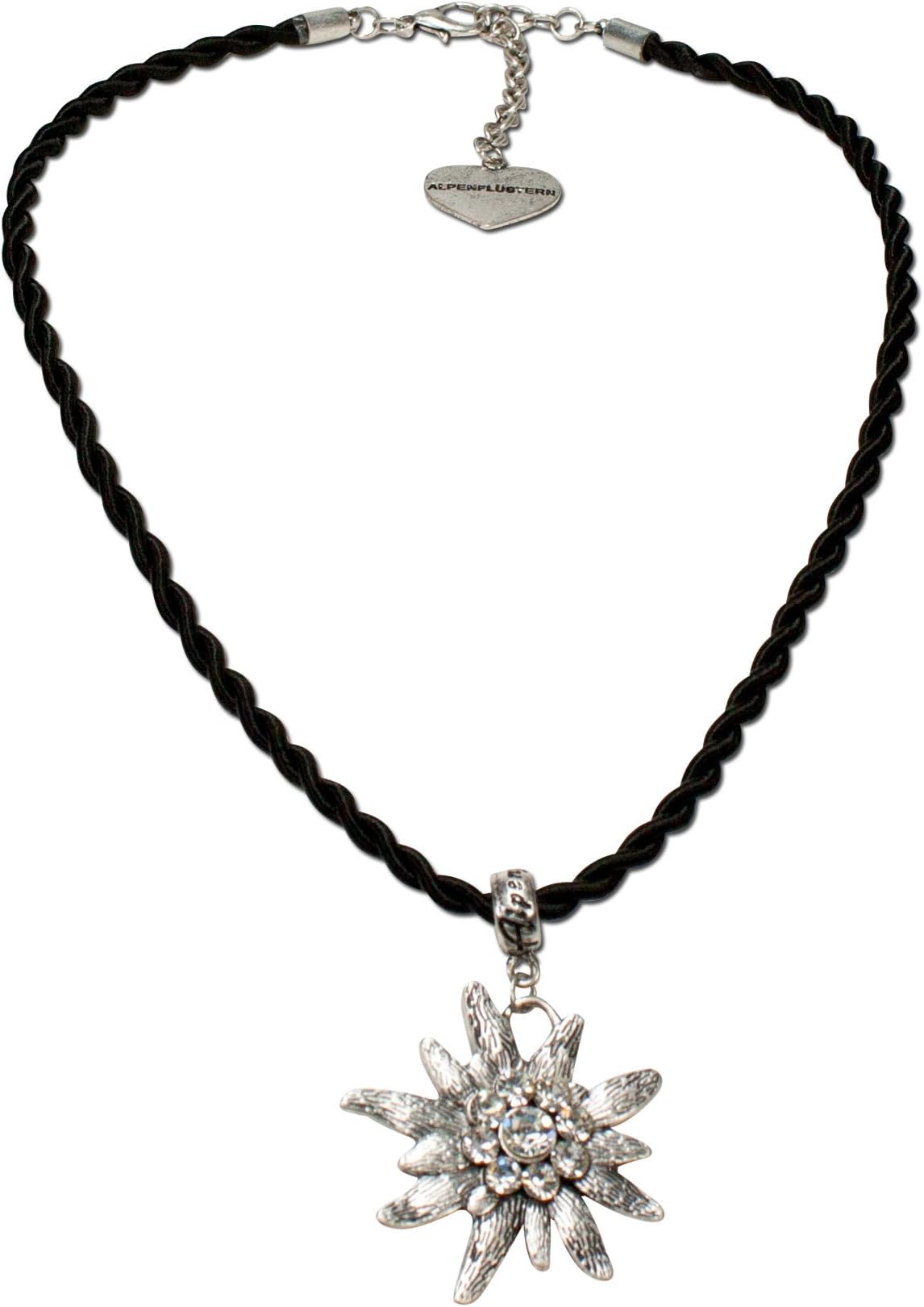 Bavarian drawstring cord necklace with rhinestone Edelweiss, Ladies costume jewelry, traditional german pendant necklace for Dirndl, Leather trouser, Oktoberfest (black)