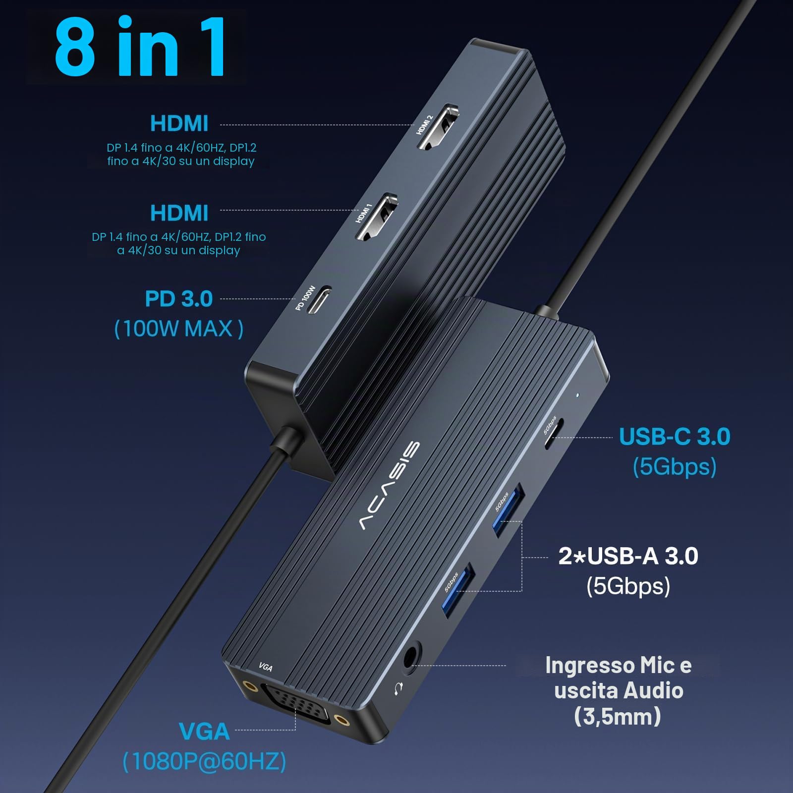 ACASIS Docking Station USB C Dual Monitors, Docking Station per laptop con doppia HDMI 4K@60HZ, 1 VGA 1080P@60HZ, 2 x 5G USBA, audio 3,5 mm, PD100W, hub USB-C 8 in 1 (Grigio scuro)