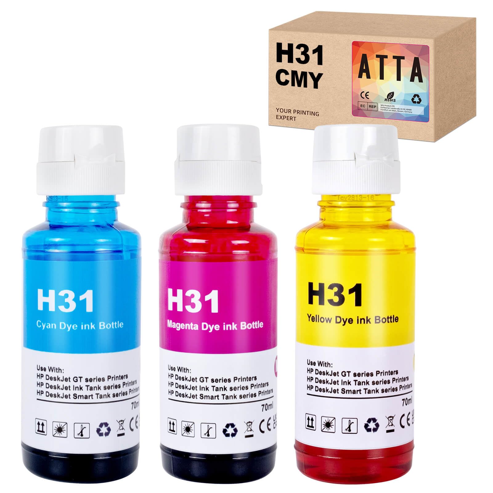 – ATTA 31 Colour Ink Bottle Set Replacement for HP 31 Ink Work for Smart Tank 7005 5107 7301 7001 7602 5000 5101 5102 Plus 651 551 455 457 450 All-in-One Ink-Tank (70ML 31 Cyan Magenta Yellow-3 pack)