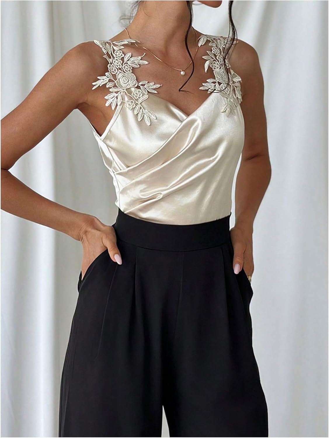 SweatyRocks Women's Appliques Sleeveless Bodysuit Ruched Wrap V Neck Dressy Shirts - Image 4