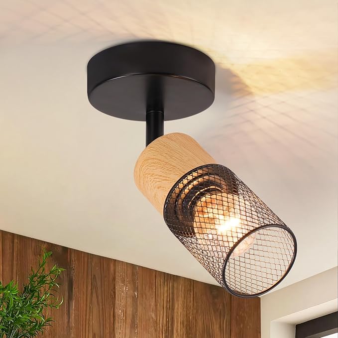 GBLY LED plafondlamp houten plafondspot: E14 plafondlamp spots 1 lamp, 350° draaibare plafondspots vintage keukenlamp industriële wandspot voor woonkamer slaapkamer keuken zonder lamp