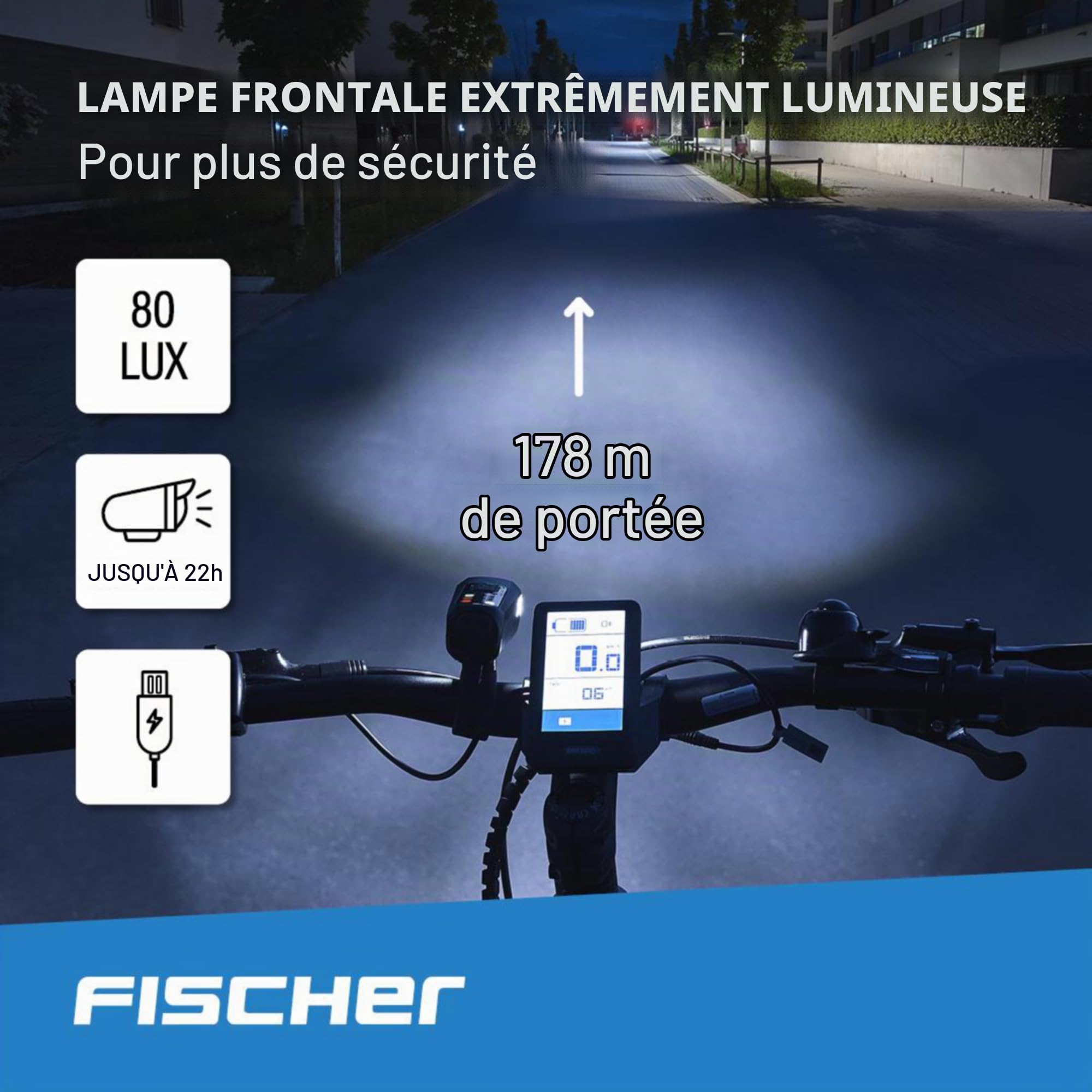 Fischer Kit d'éclairage LED pour vélo - Kit d'éclairage de vélo - Rechargeable par USB - Feu Avant et arrière - Éclairage de Sol