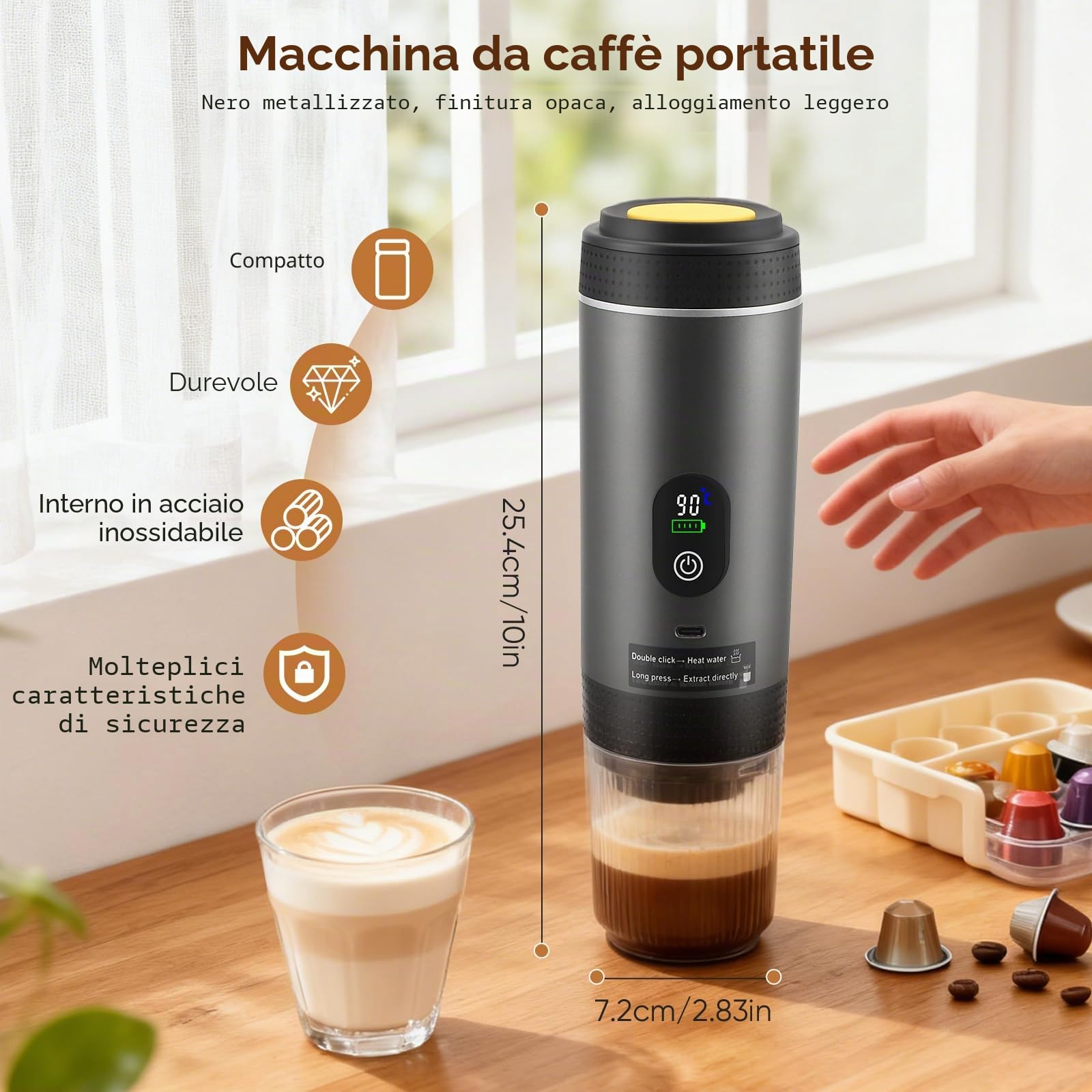 Macchina da caffè portatile 3 in 1 con batteria ricaricabile e auto-riscaldamento USB-C, compatibile con capsule e caffè macinato, mini espresso portatile per campeggio, viaggio, auto, grigio