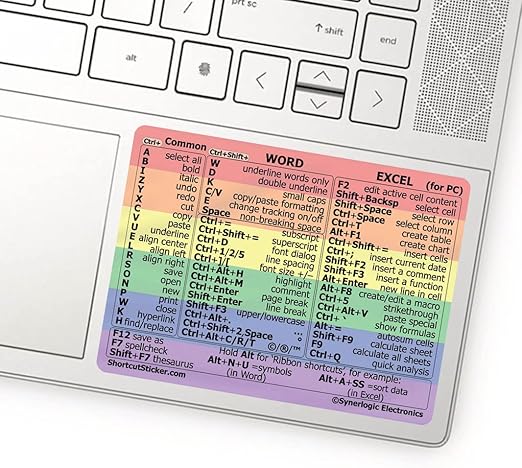 Synerlogic Word/Excel Windows Shortcut Sticker | Reference Guide Keyboard Shortcuts | Work from Home Essentials | Excel Shortcuts Cheat Sheet Laminated No-Residue Vinyl (Rainbow/Small)