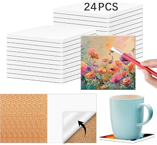 24 PCS Ceramic Tiles for Crafts 4x4 inches and self-Adhesive Cork mat,unglazed Ceramic Coasters for Crafts,Use with Alcohol Ink or Acrylic Pouring Make Your Own DIY Coasters