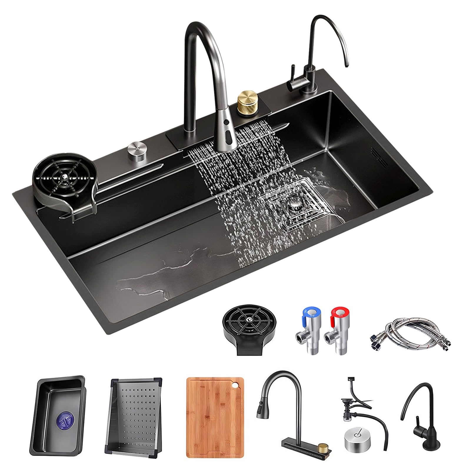 ZQFHSX 304 Stainless Steel Waterfall Kitchen Sink With Pull Out Faucet, Multifunctional Workstation Cup Washer & Drain Accessories, Bar Prep Sink, Farmhouse (Size : 75x45x21cm)