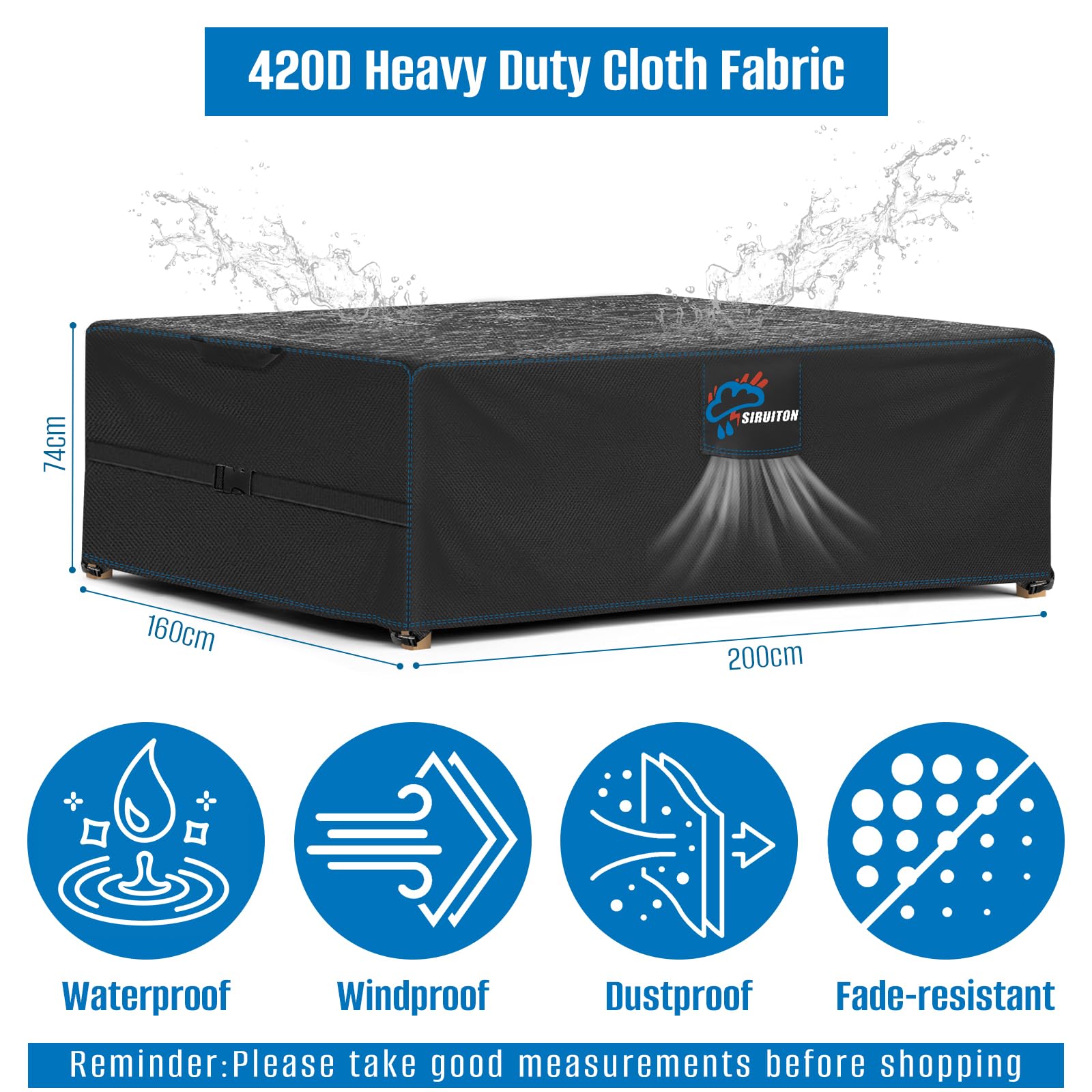 SIRUITON Coperture per Mobili da Giardino, Tessuto Oxford 420D Resistente, Impermeabile, Antivento, Anti-UV, Copertura per Tavolo Esterno con Sfiato d'Aria, rettangolare (200×160×74cm) - Nero