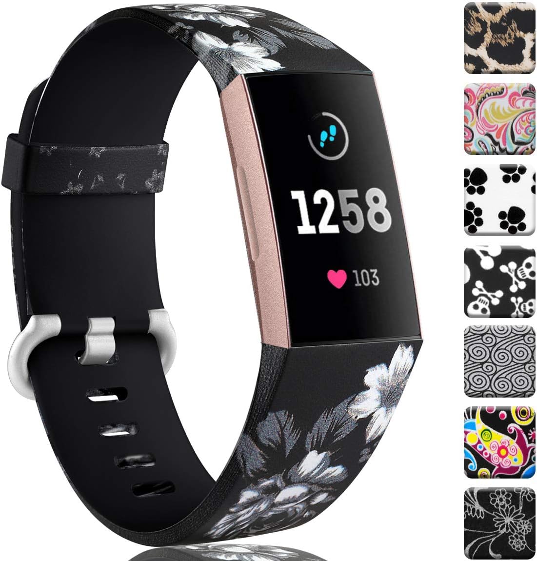 Maledan Compatible with Charge 3 and Charge 4 Bands for Women Girls, Black/White Floral, Large