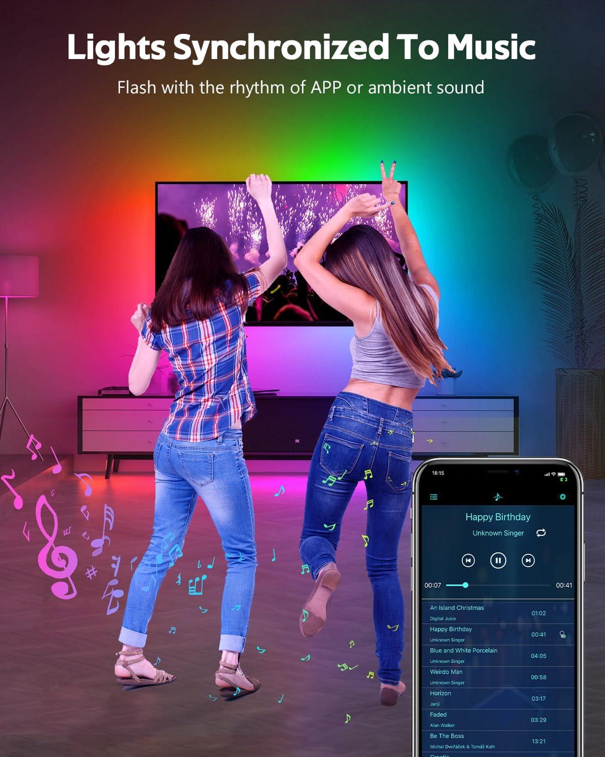 Two people dancing in a room with ALITOVE LED Strip Lights synchronized to music, controlled by a smartphone app displaying a music playlist.