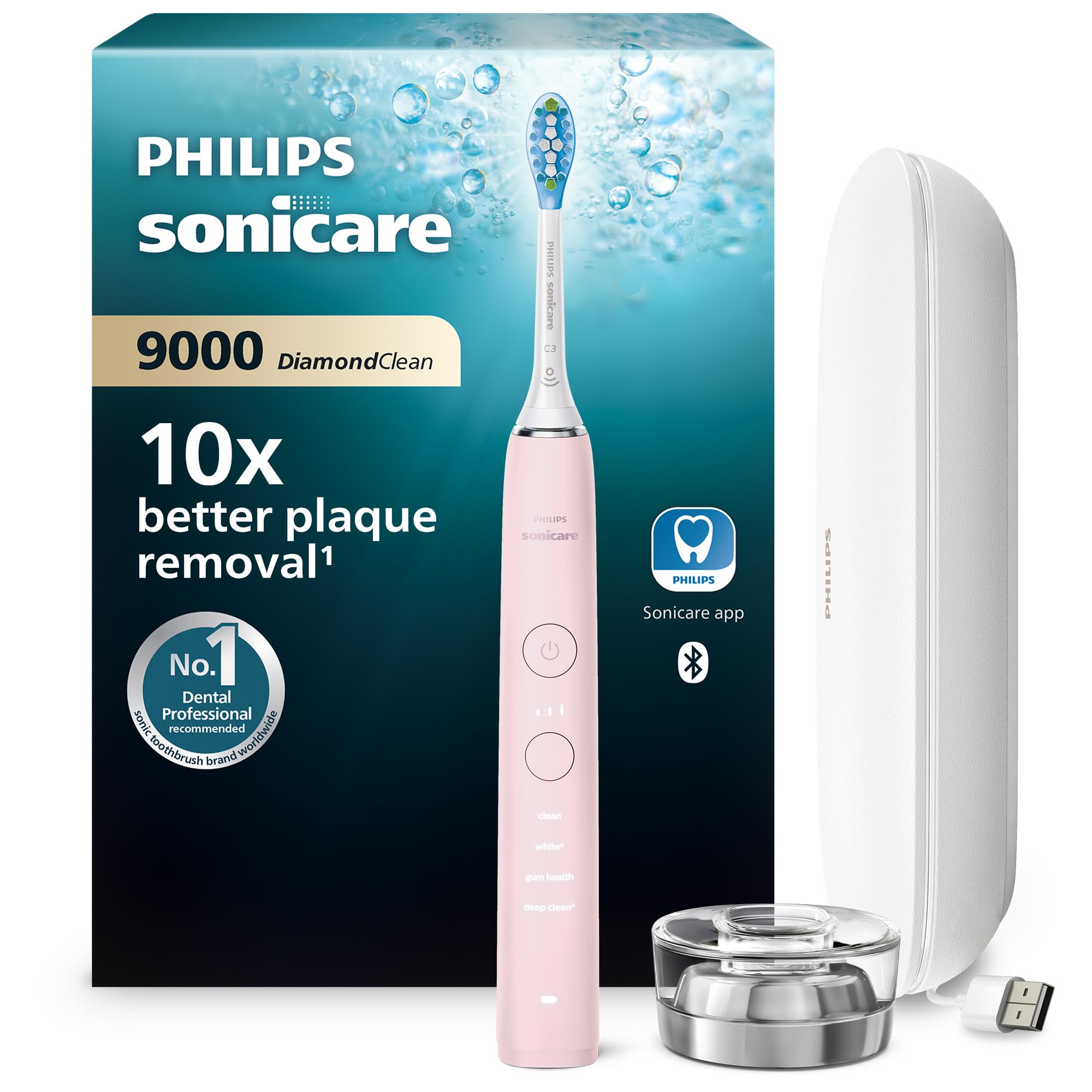 Philips Sonicare DiamondClean 9000 Pink Electric Toothbrush, 4 Modes, 3 Intensities, Gum Pressure Sensor, App, Connected Handle, USB Travel Case, UK 2-Pin Bathroom Plug - HX9911/53