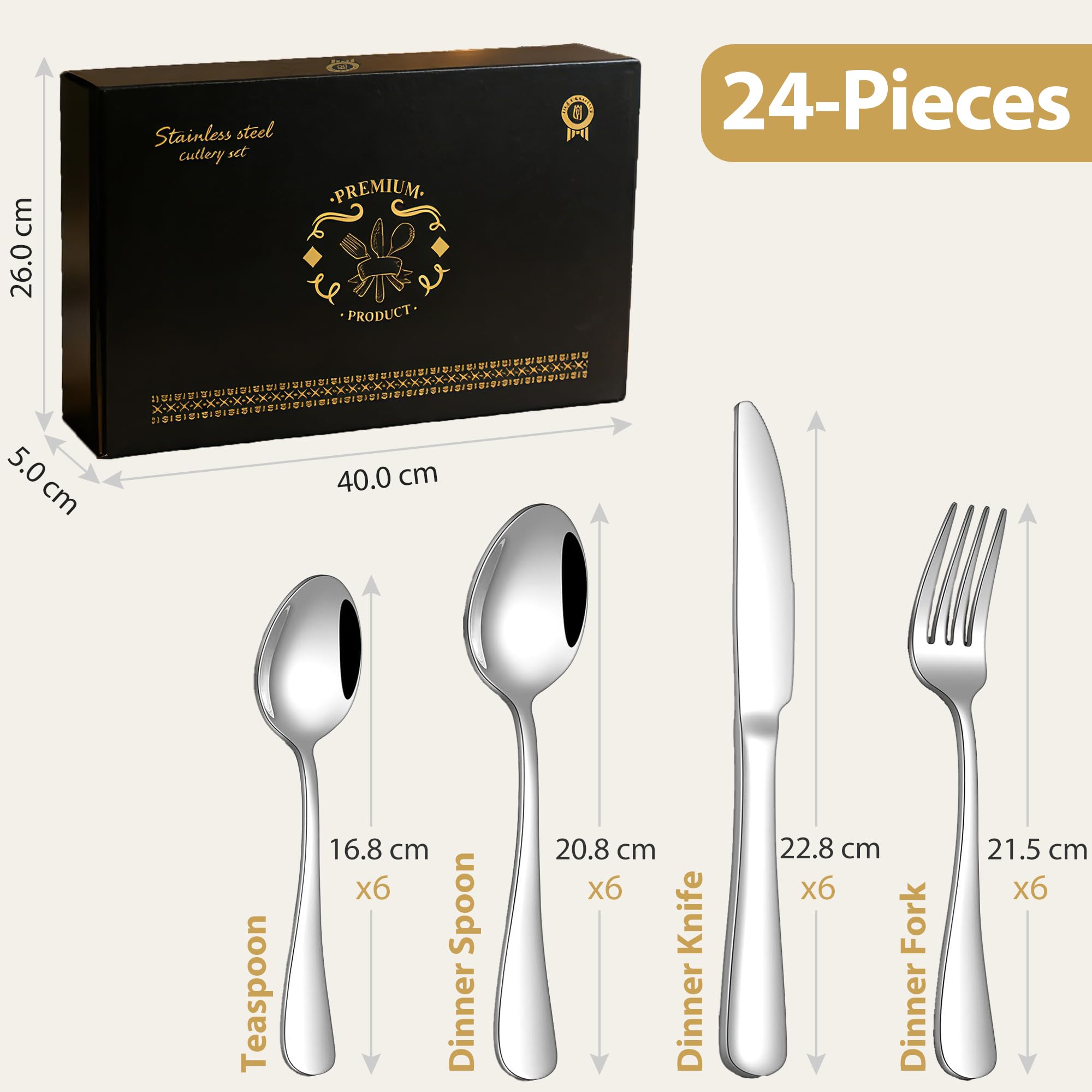 Juego de cubiertos de plata, 24 piezas de acero inoxidable pulido espejo, juego de utensilios de cocina para 6 personas, vajilla para el hogar y el restaurante con caja de regalo