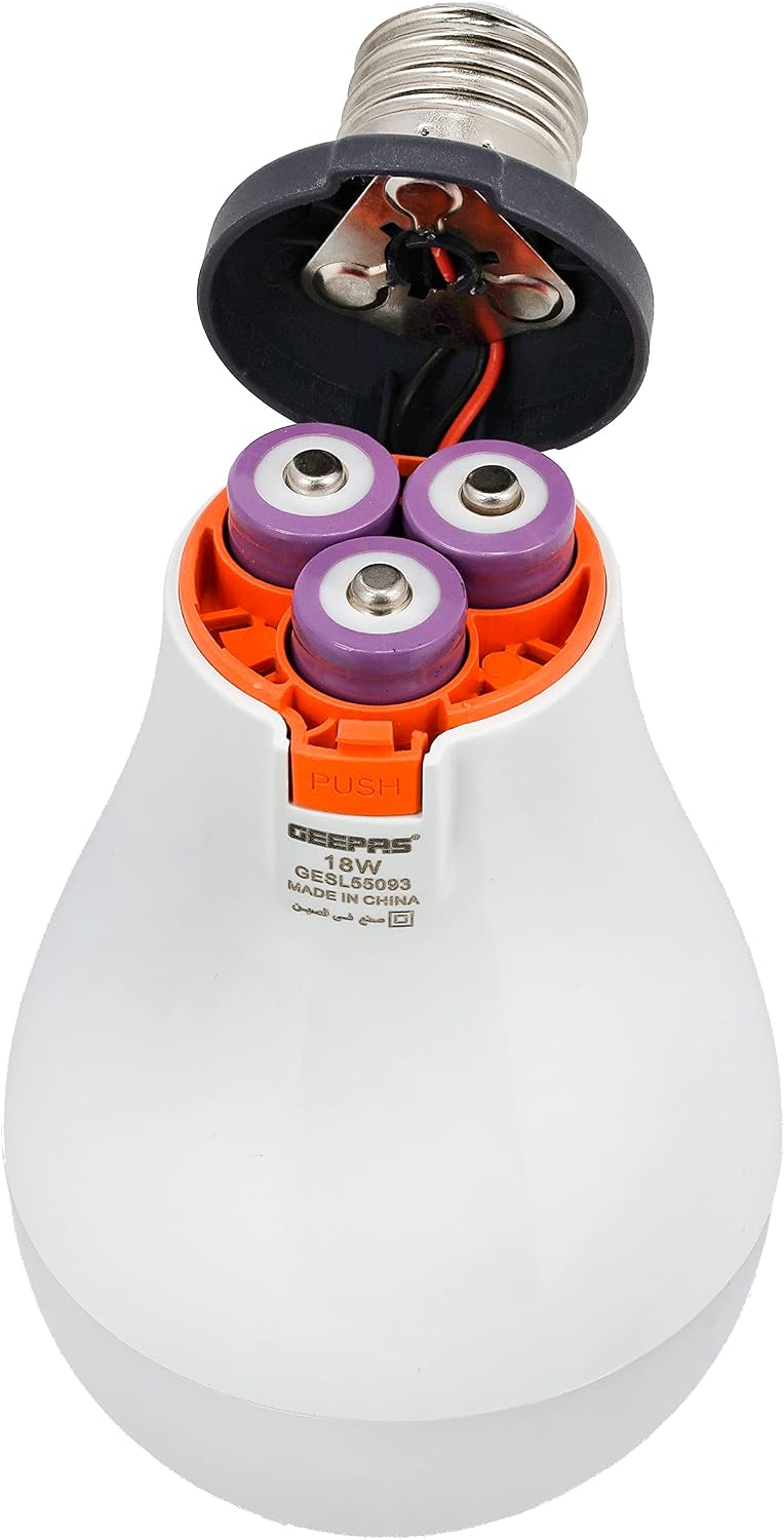 Bottom view of the Geepas Rechargeable LED Bulb GESL55093 with the cap removed, showing three purple rechargeable lithium batteries and a 'PUSH' button for battery access.