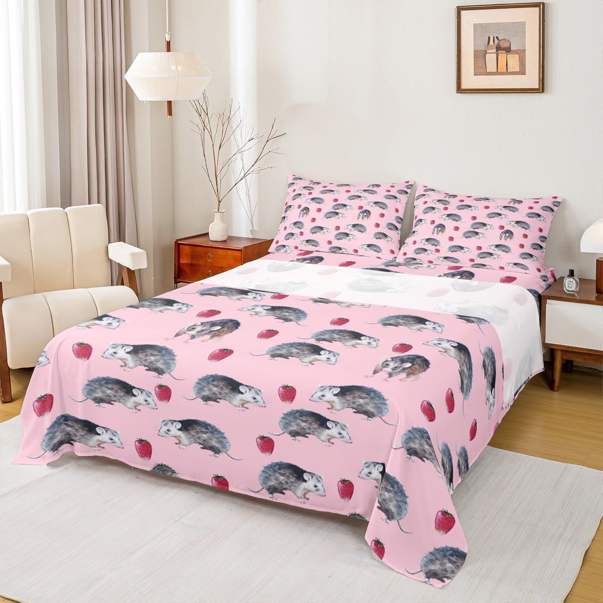 Castle Fairy Opossum Bed Sheet 4 Piece,Red Strawberry Pink Sheets Full Size Bed Set,Cartoon Possum Animal Bedding Set with Flat,Fitted Sheet,2 Pillow