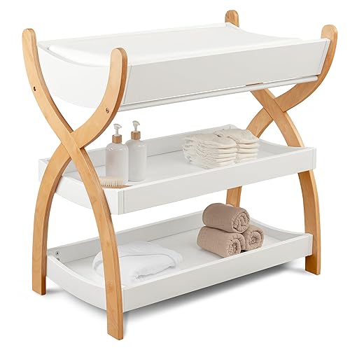Miniatura 9 de Comfy Cubs Cambiador para bebé, construcción de madera resistente, mesa de cambio de bebé de aspecto atemporal con dos estantes abiertos para