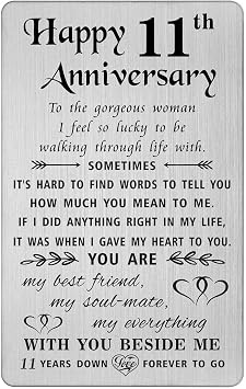 TANWIH 11th Anniversary Card for Wife - 11 Years Down Forever to Go - 11 Year Wedding Anniversary Card Gifts for Her Women Steel, Engraved Metal Wallet Card