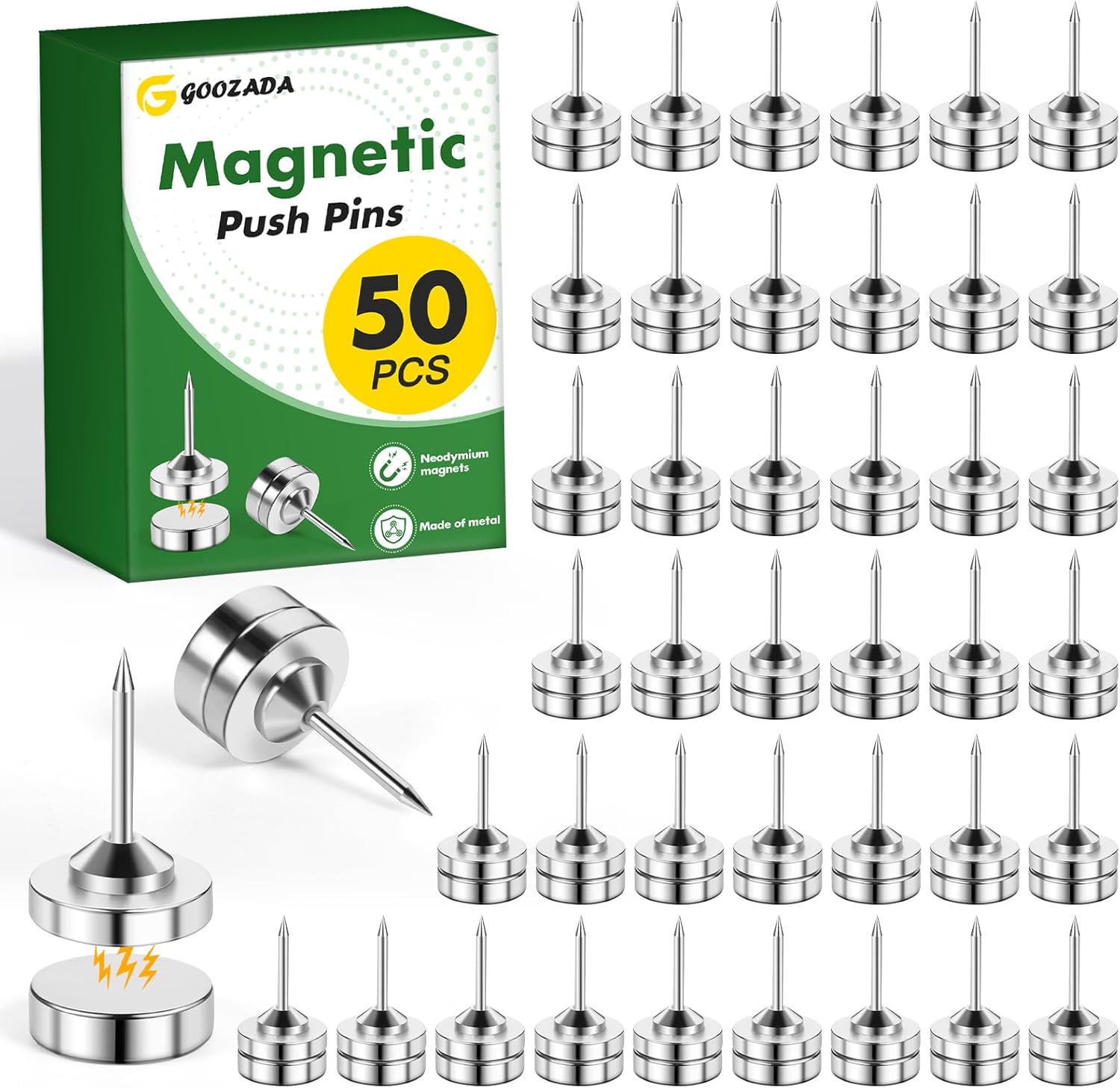50 Sets Magnetic Pushpins, Silver Magnet Thumb Tacks, Metal Decorative Push Pins, Clip Magnetic, Photo Poster Hanger, Pushpins for Cork Board, Bulletin Board, Wall