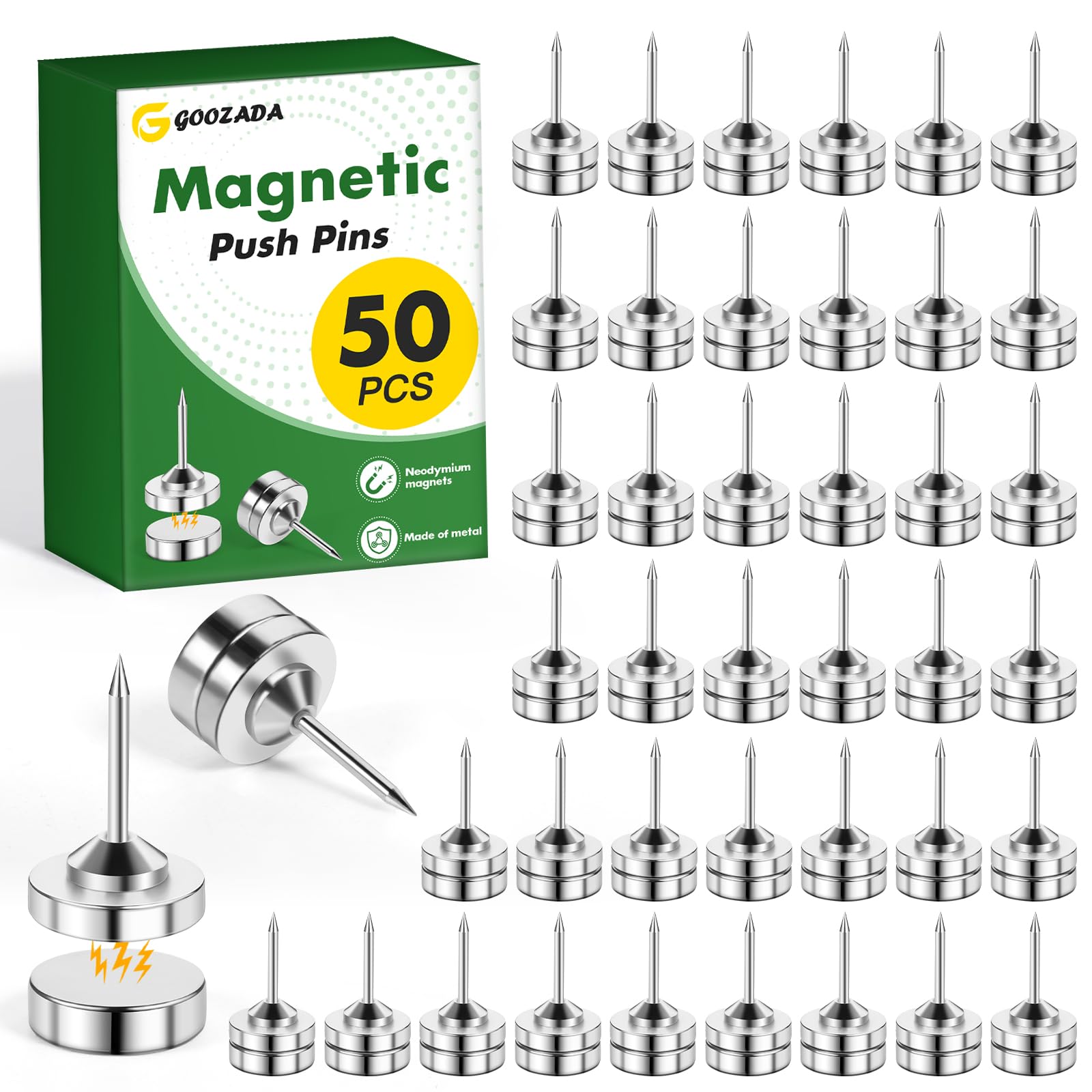 50 juegos de chinchetas magnéticas, tachuelas magnéticas plateadas, chinchetas decorativas de metal, clip magnético, colgador de póster de fotos, chinchetas para tablero de corcho, tablón de
