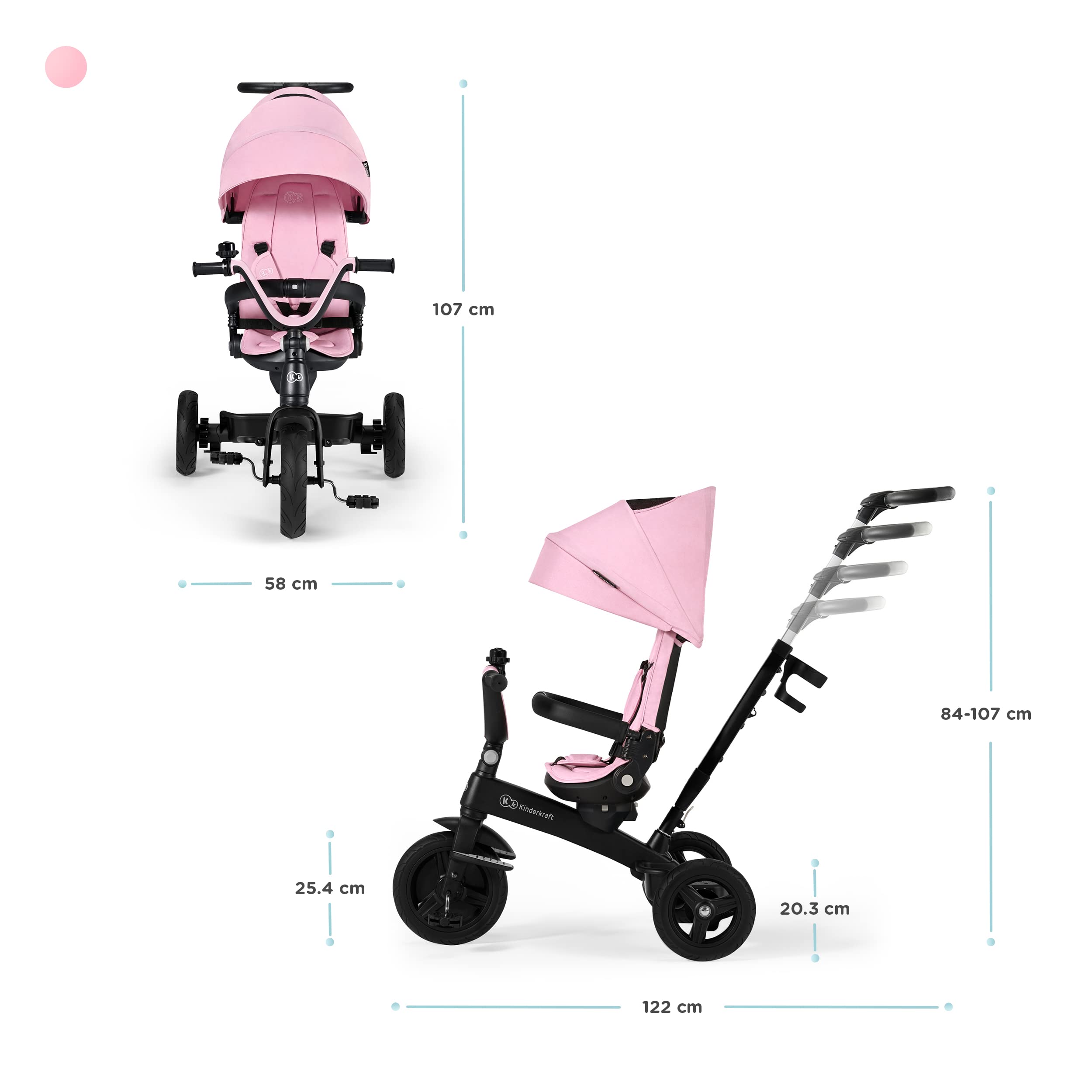 Kinderkraft Rowerek trójkołowy 5w1 TWIPPER, Trójkołowiec, Obrotowe siedzisko 360°, Wolne koło, Daszek przeciwsłoneczny, Akcesoria, Dzwonek, Uchwyt na kubek, od 6 Miesięcy do 5 lat, Różowy