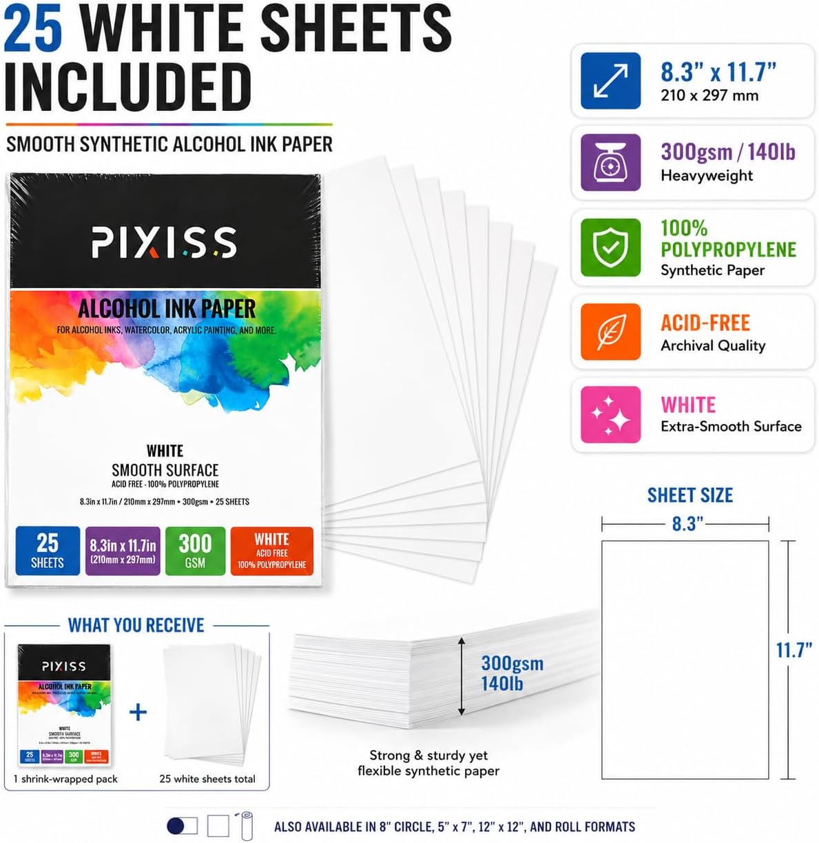 White Alcohol Ink Paper - 25 Sheets Pixiss Heavy Weight Art Paper for Alcohol Ink & Watercolor - Extra Smooth Synthetic Paper A4 8x12 inches, 300gsm image 3