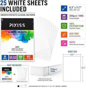 White Alcohol Ink Paper - 25 Sheets Pixiss Heavy Weight Art Paper for Alcohol Ink & Watercolor - Extra Smooth Synthetic Paper A4 8x12 inches, 300gsm