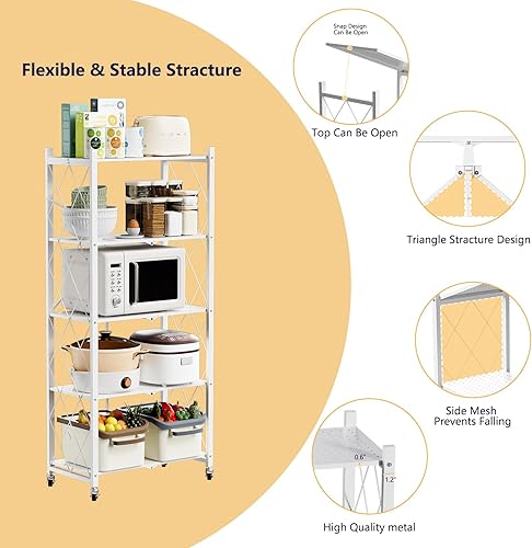 Miniatura 7 de BENOSS Estantes de almacenamiento plegables de metal con ruedas, estante de alambre blanco resistente, estante de almacenamiento plegable rodante,