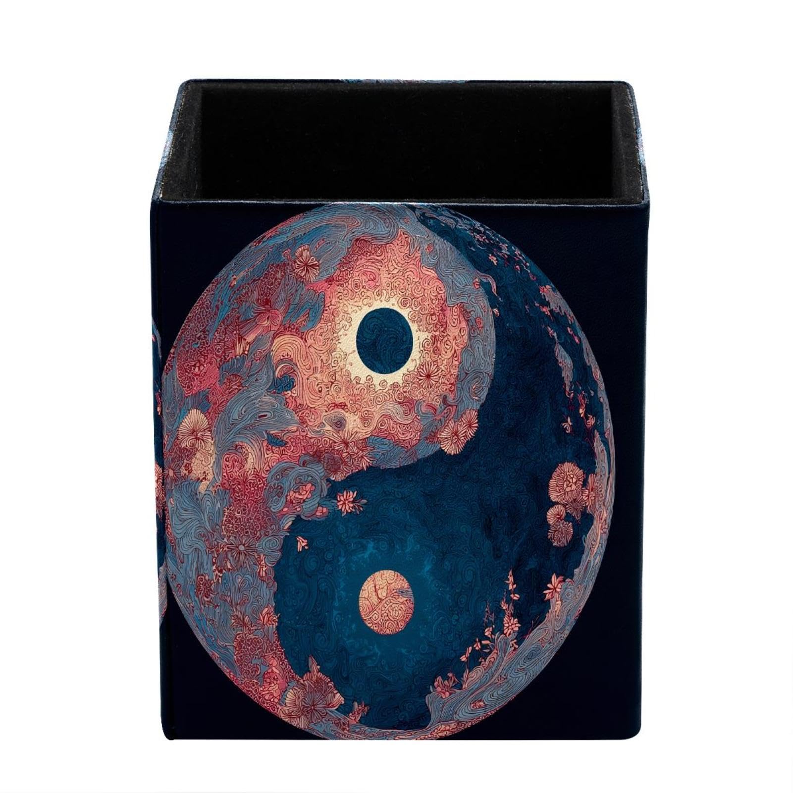 XingFox Vintage Yin and Yang Pen Holder for Desk Deco, Sqaure PVC Leather Pencil Cup for Desk Pen Organizer, Makeup Brush Holder for School, Home, Office